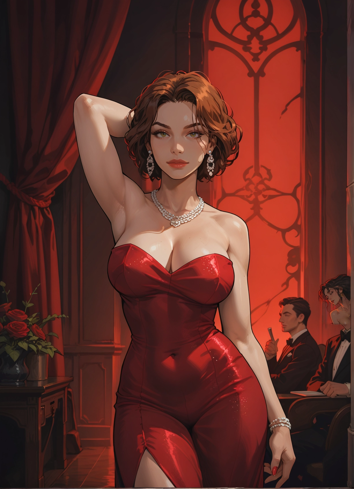 breasts, dress, jewelry, earrings, red dress, cleavage · Yamete.gg