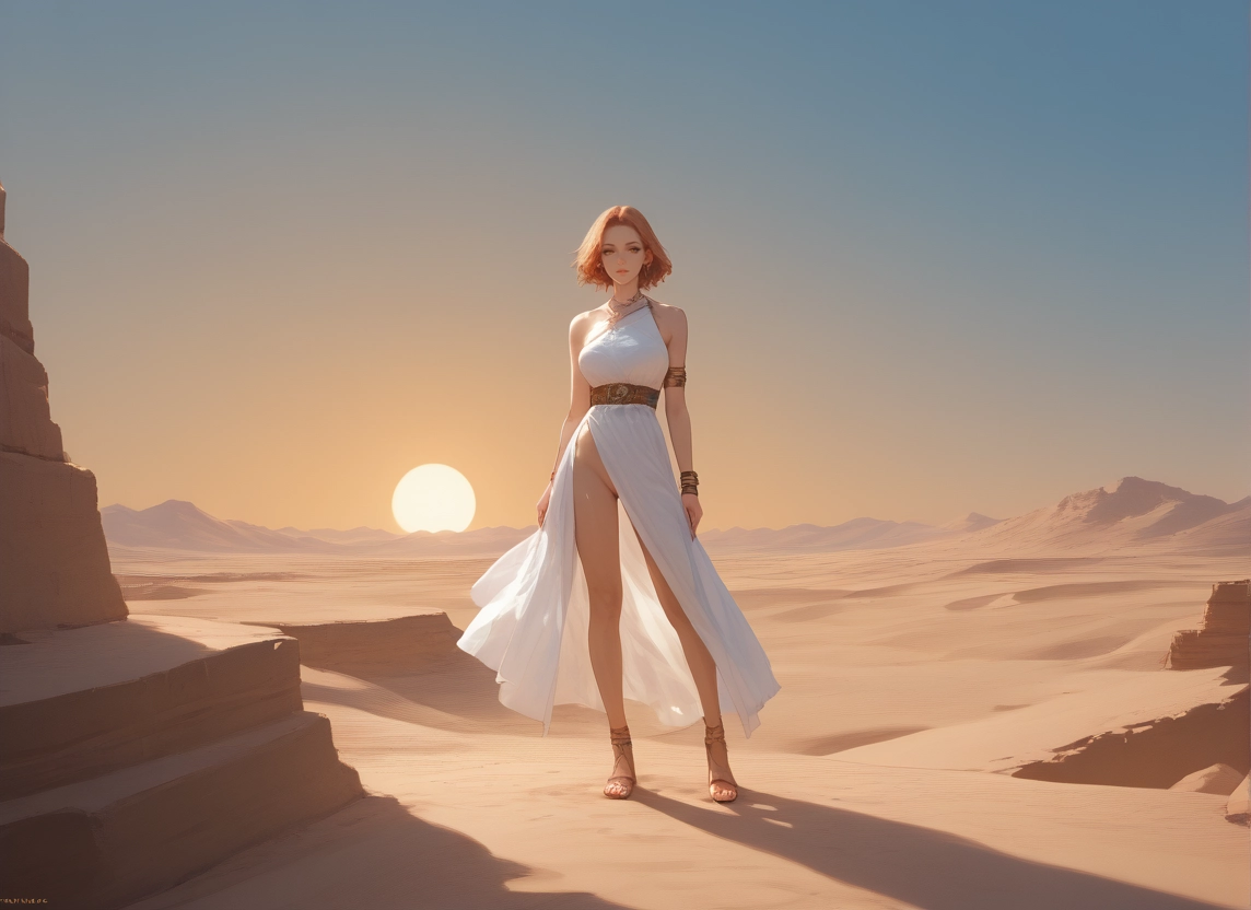 1girl, dress, solo, white dress, short hair, desert · Yamete.gg