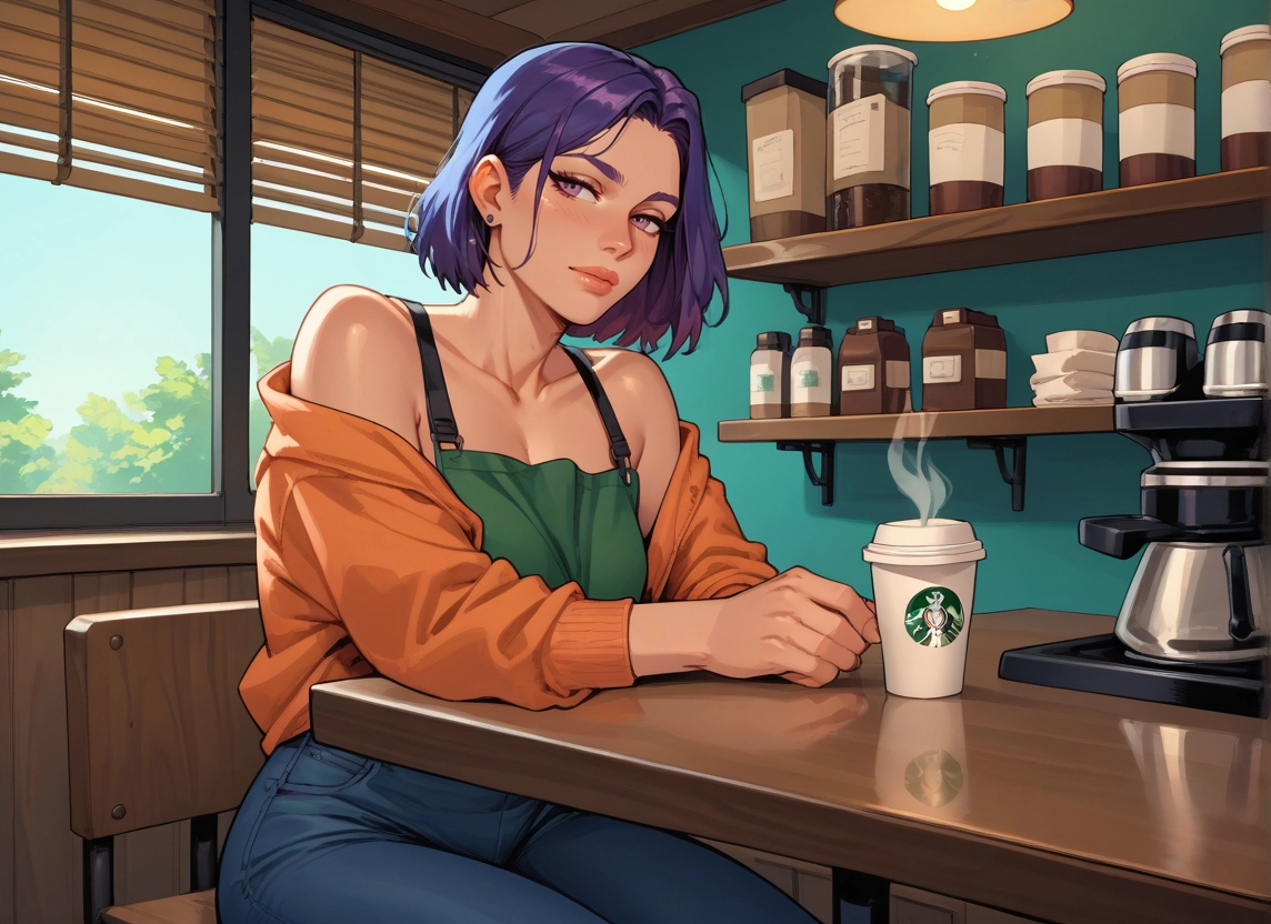 1girl, solo, coffee cup, sitting, pants, denim · Yamete.gg