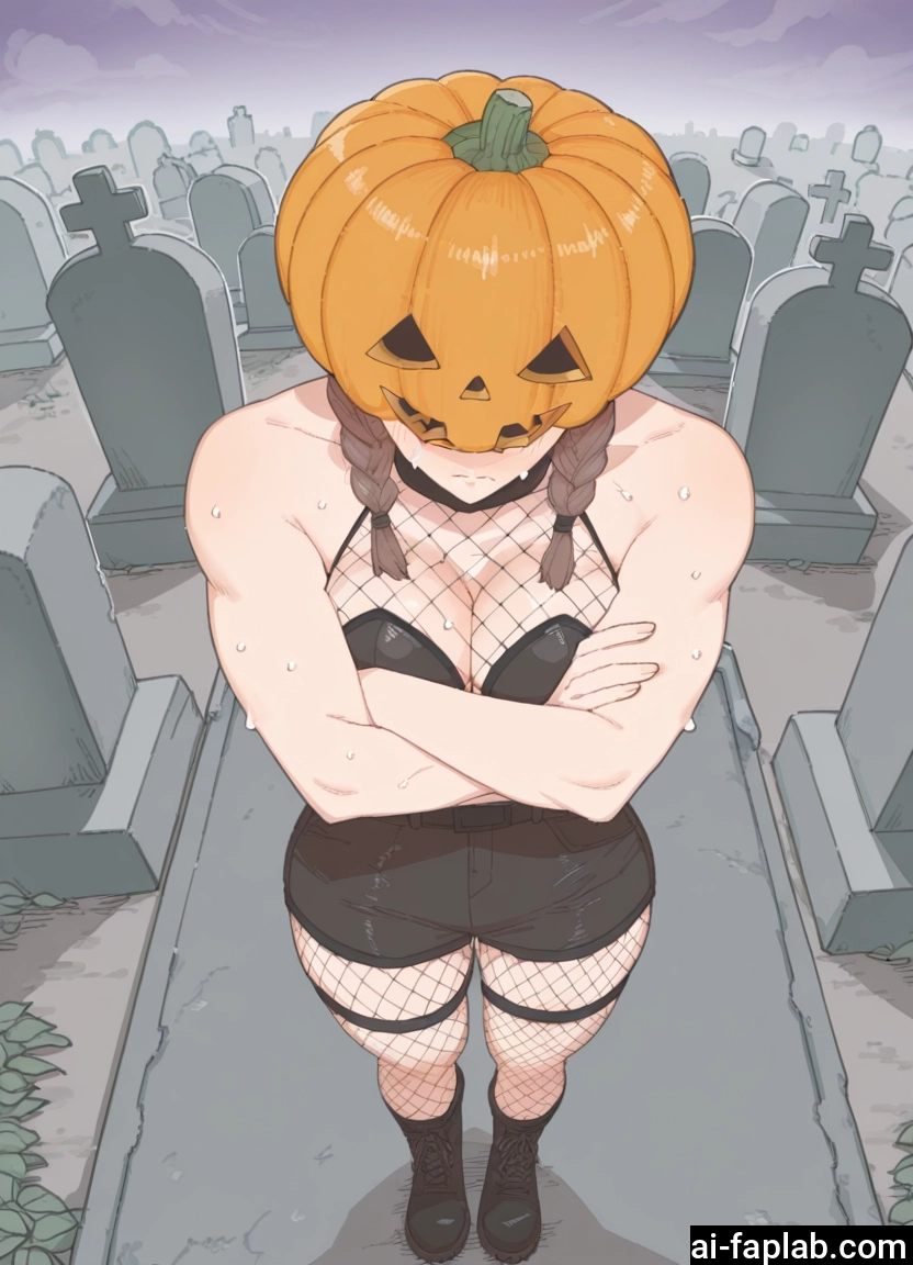 1girl, breasts, fishnets, braid, jack-o'-lantern, sweat