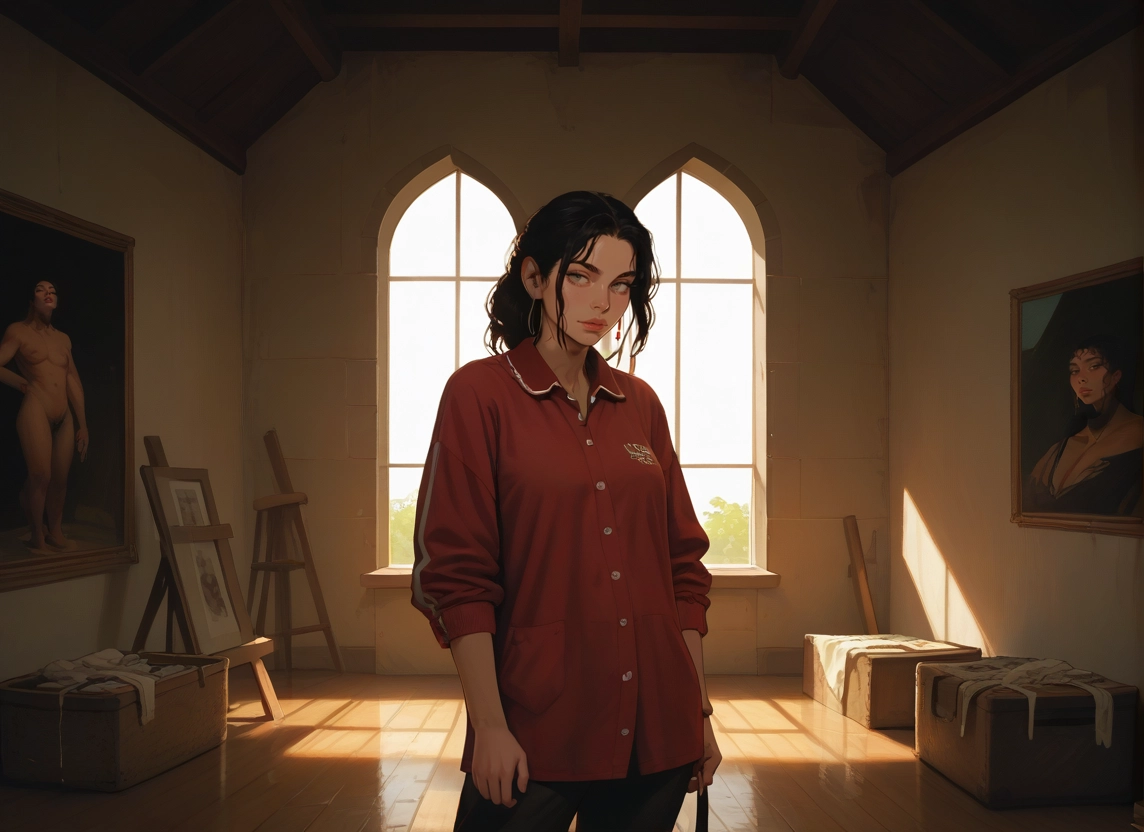 canvas (object), indoors, easel, red shirt, shirt, 1girl · Yamete.gg