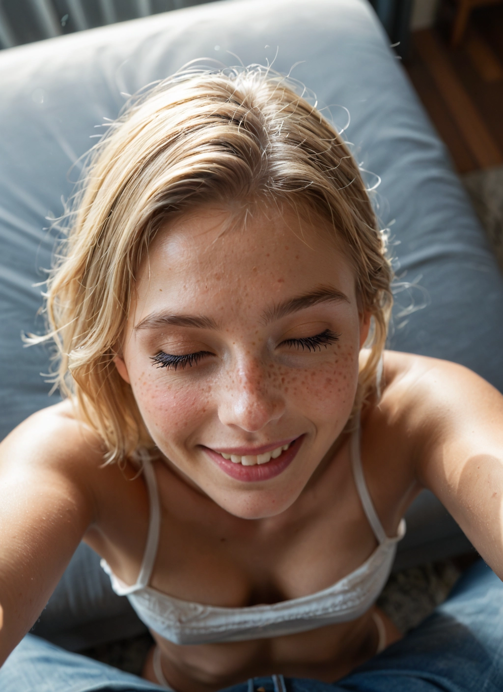 1girl, solo, freckles, photo (medium), closed eyes, pov · Yamete.gg