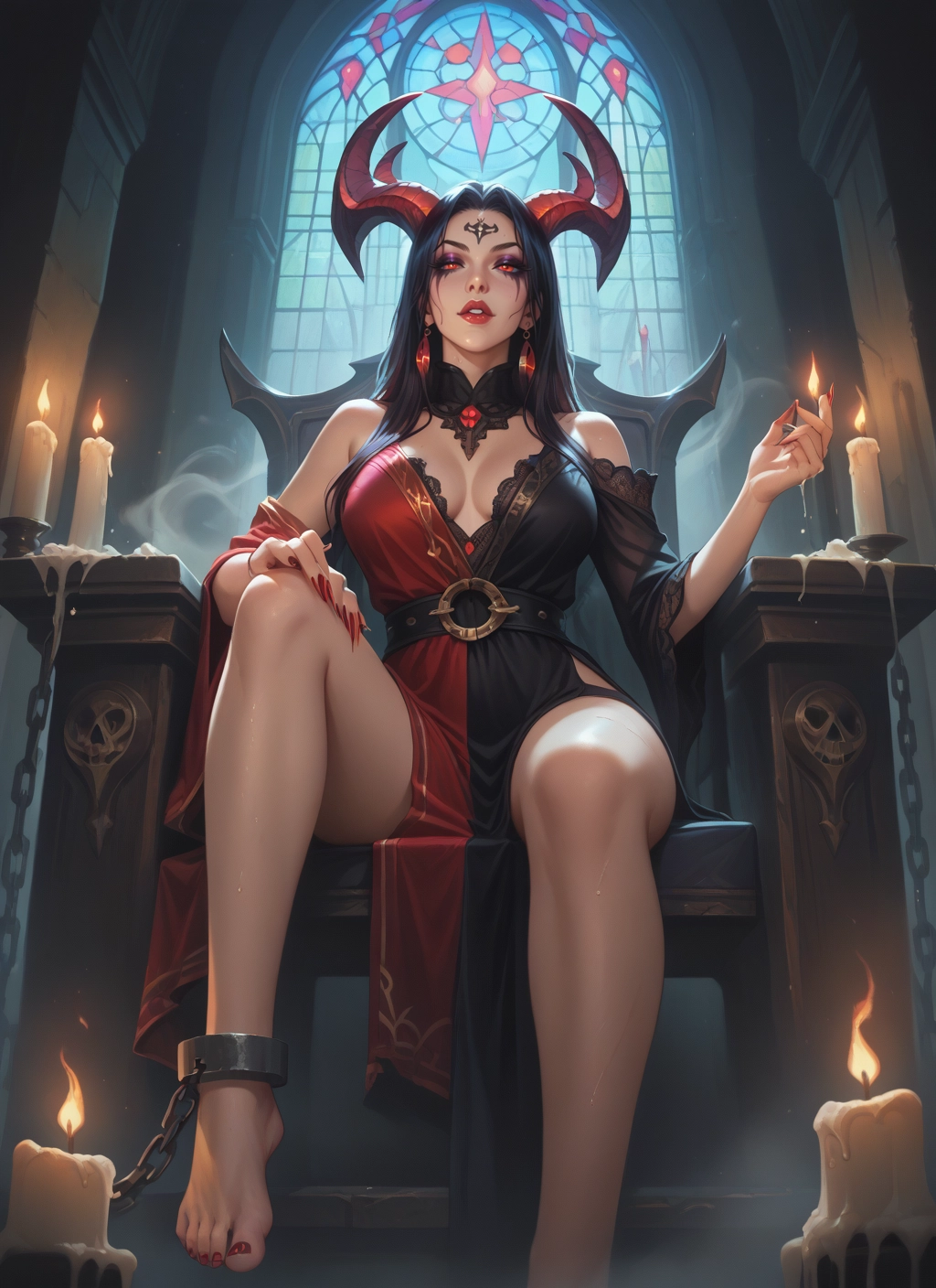 1girl, horns, breasts, barefoot, candle, sitting · Yamete.gg