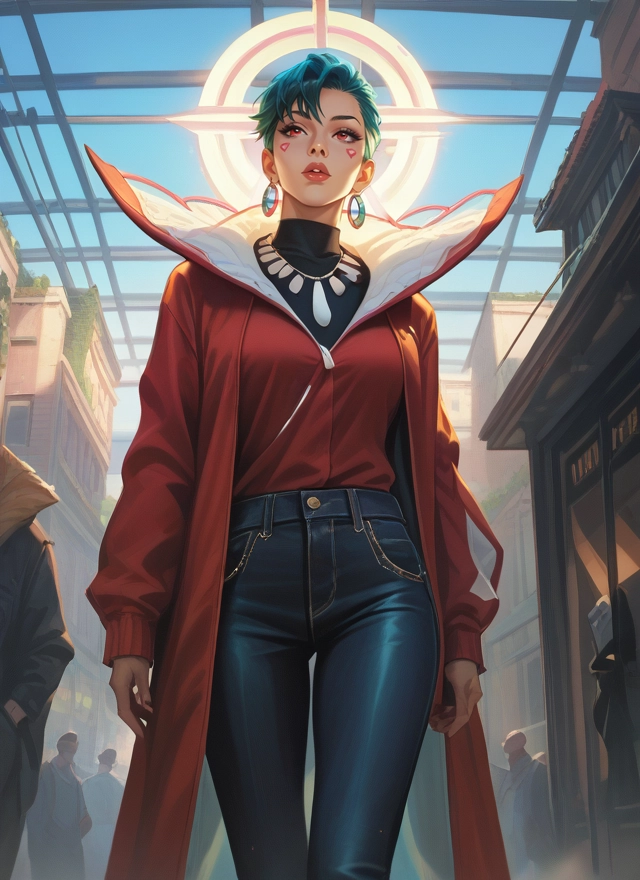jewelry, 1girl, earrings, pants, short hair, red eyes · Yamete.gg