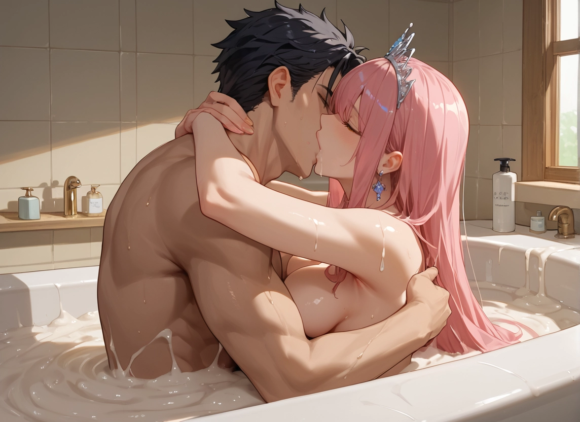 1girl, 1boy, breasts, pink hair, kiss, hetero · Yamete.gg