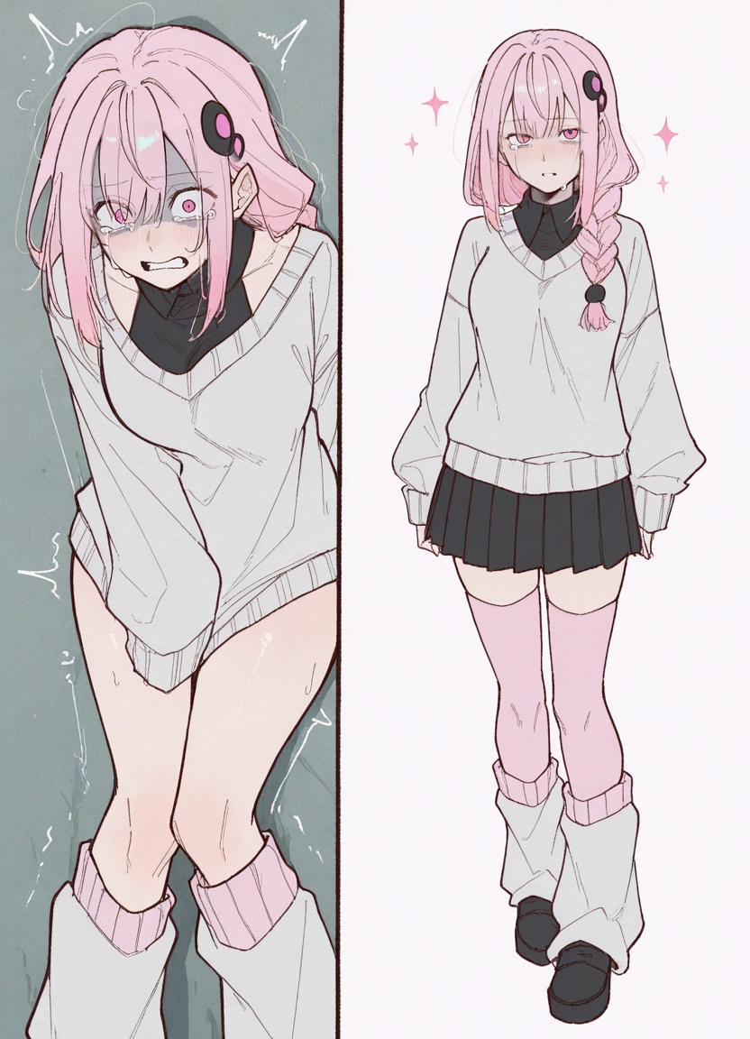 1girl, pink hair, pink eyes, sweater, skirt, thighhighs