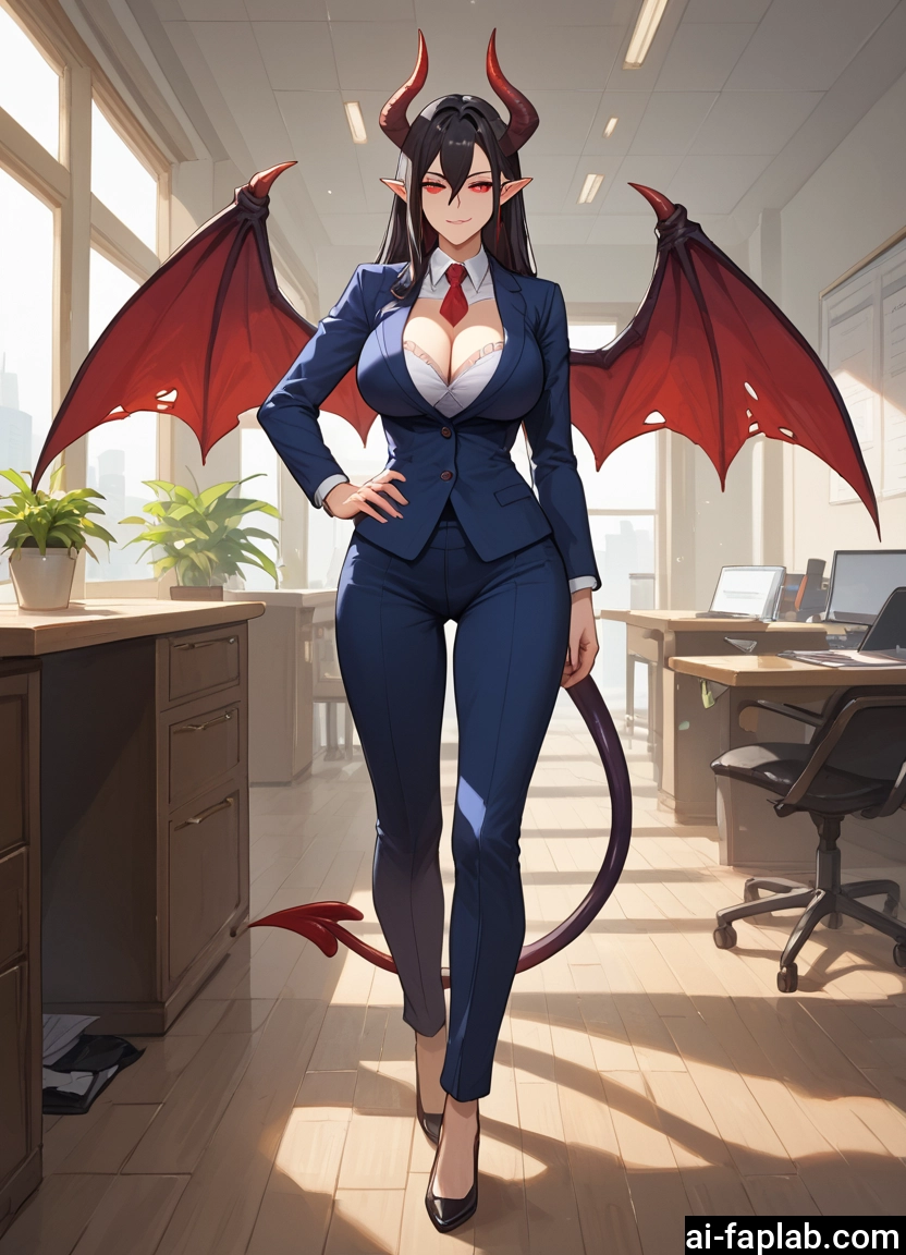 1girl, breasts, horns, wings, tail, red eyes