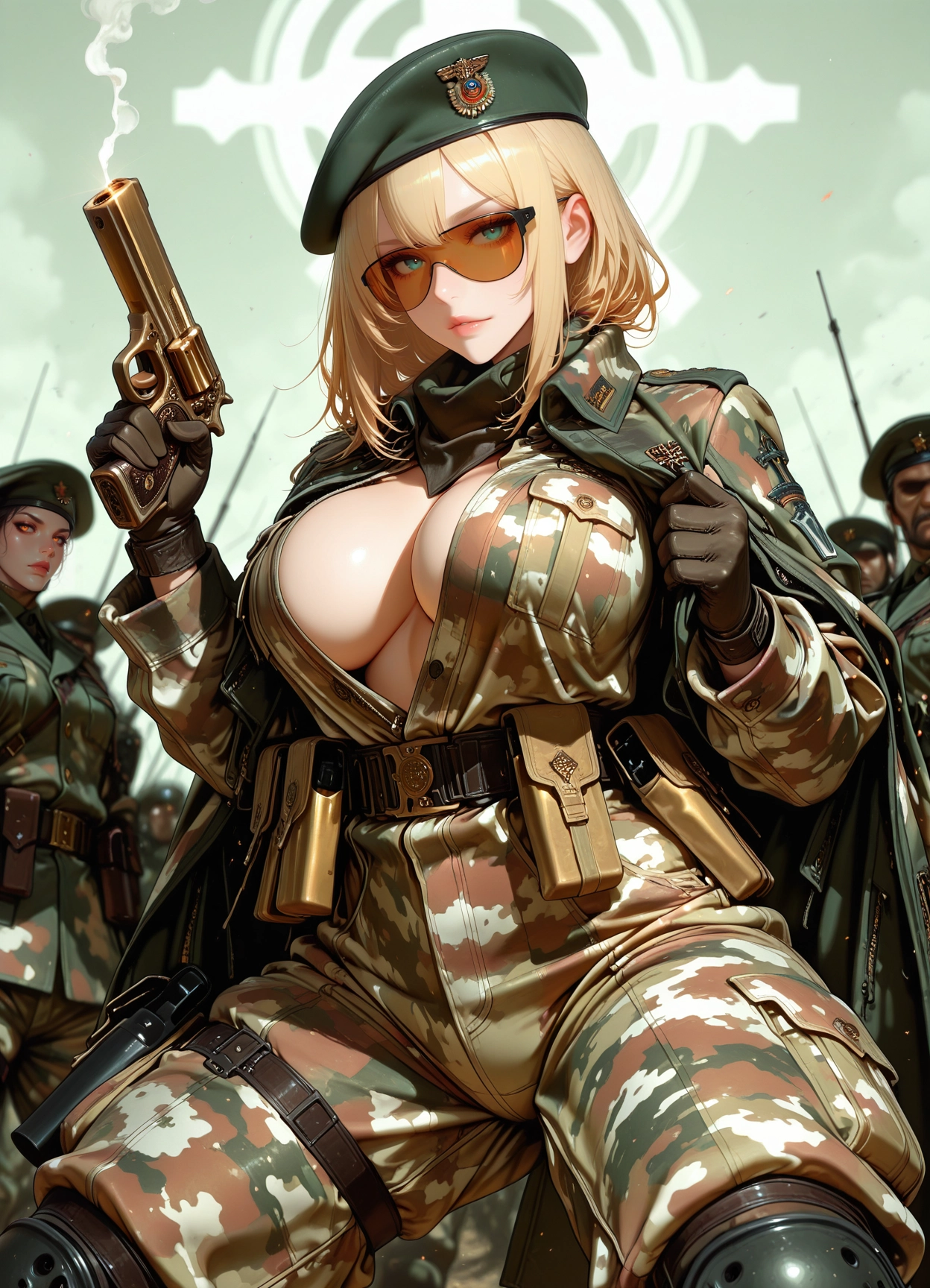 gun, weapon, beret, breasts, hat, uniform · Yamete.gg