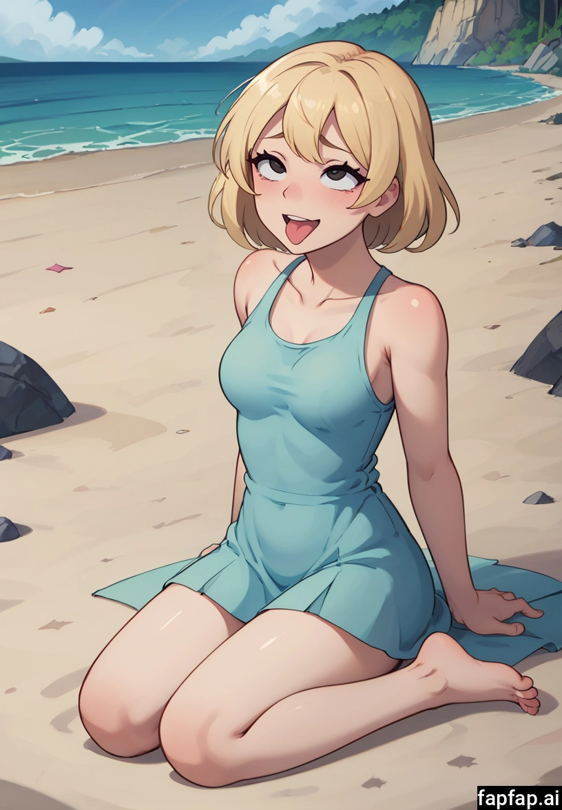1girl, tongue, solo, dress, outdoors, blonde hair · Yamete.gg