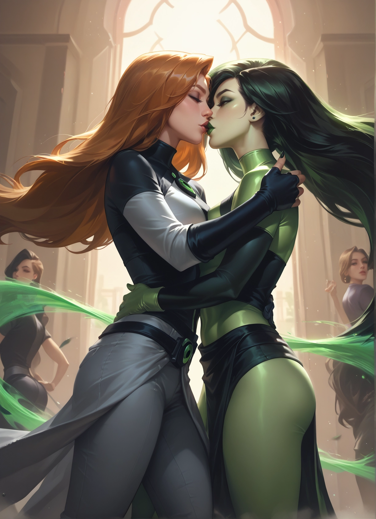 multiple girls, yuri, kiss, long hair, closed eyes, colored skin · Yamete.gg