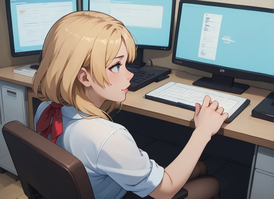 1girl, blonde hair, solo, blue eyes, sitting, monitor · Yamete.gg