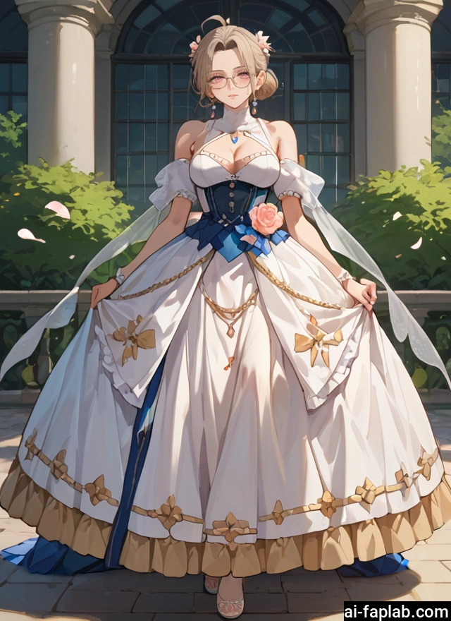 1girl, dress, white dress, breasts, glasses, solo