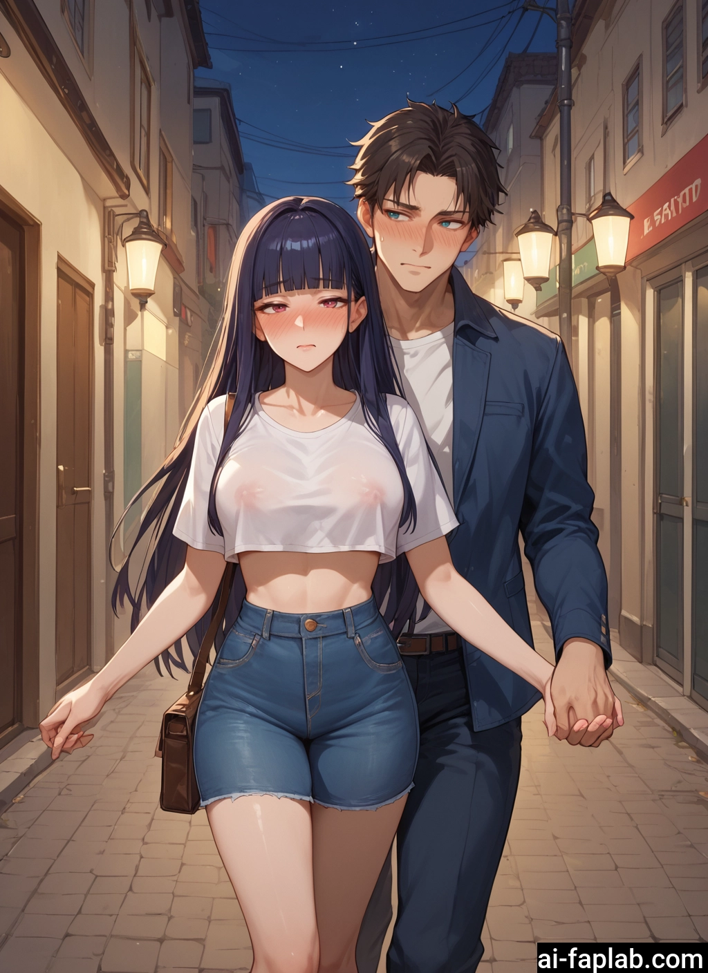 1girl, 1boy, breasts, blush, long hair, shorts · Yamete.gg