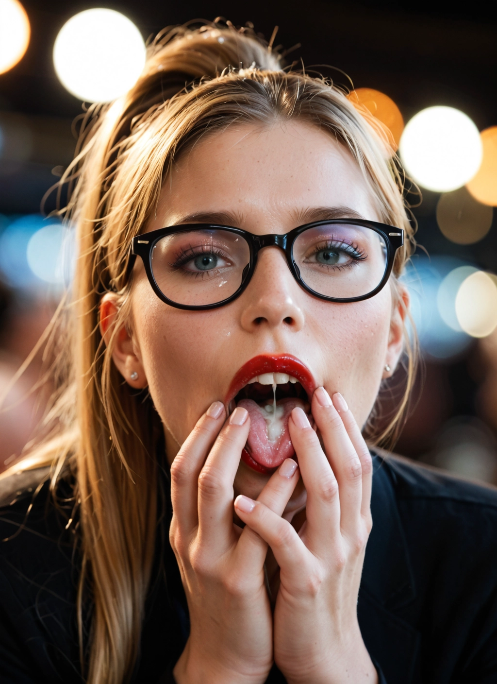1girl, solo, glasses, blonde hair, jewelry, cum · Yamete.gg