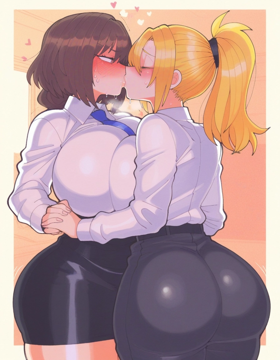 multiple girls, 2girls, breasts, yuri, blonde hair, kiss · Yamete.gg