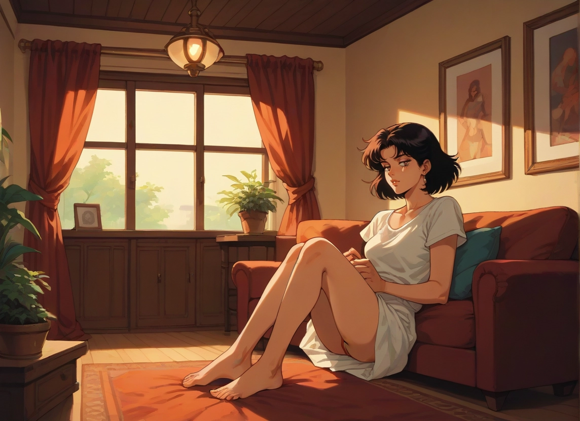 1girl, barefoot, shirt, indoors, plant, solo · Yamete.gg