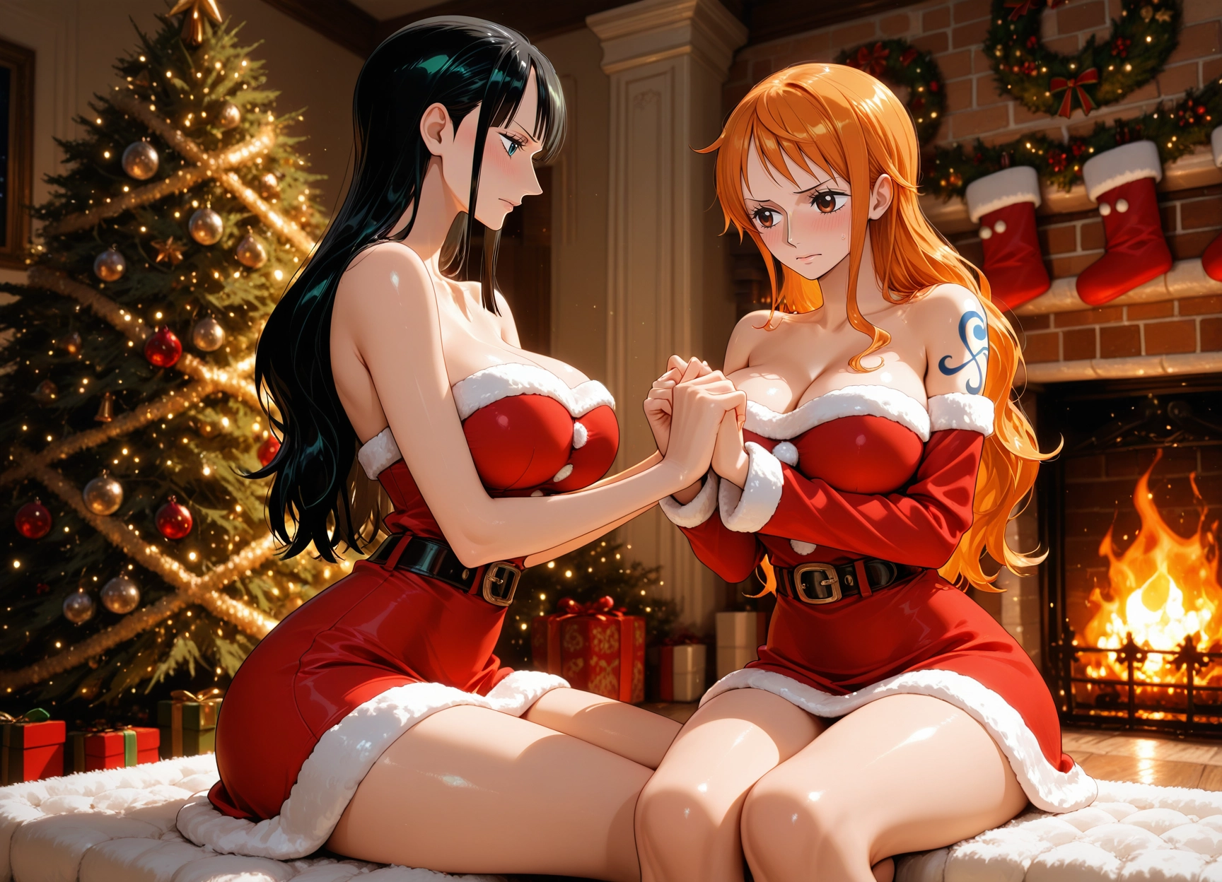 breasts, multiple girls, 2girls, large breasts, christmas tree, long hair · Yamete.gg
