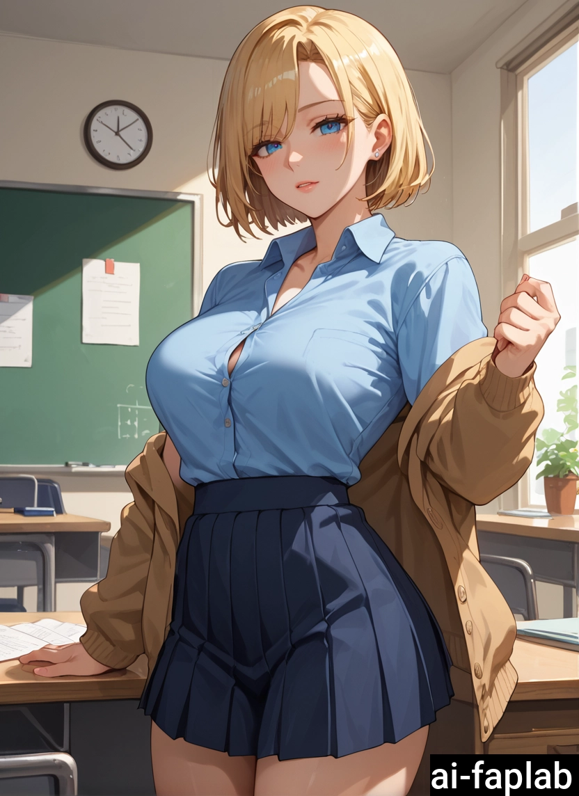 1girl, skirt, breasts, blonde hair, blue eyes, indoors