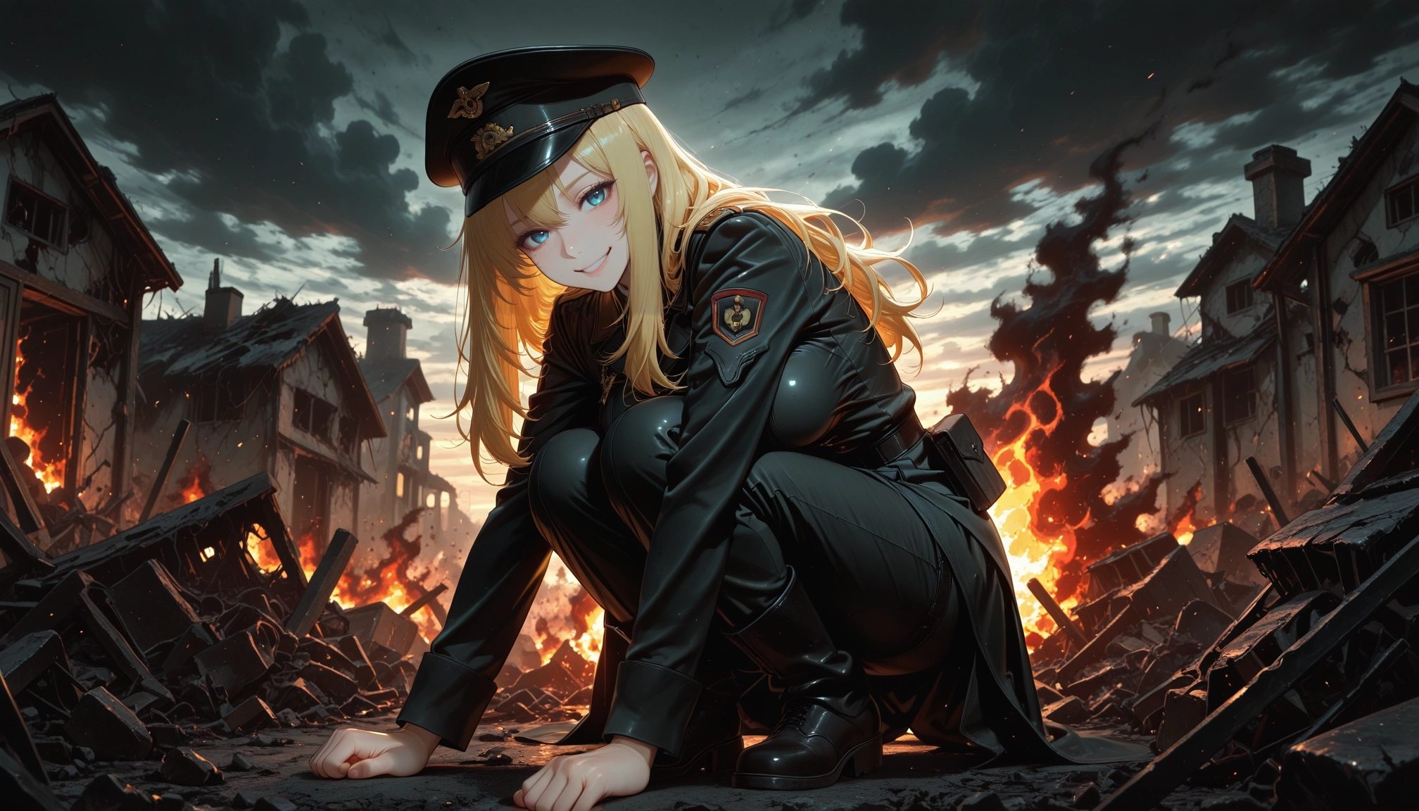 1girl, smile, fire, hat, solo, blonde hair · Yamete.gg