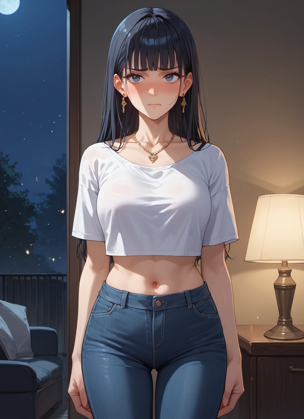 1girl, navel, jewelry, blush, long hair, pants · Yamete.gg
