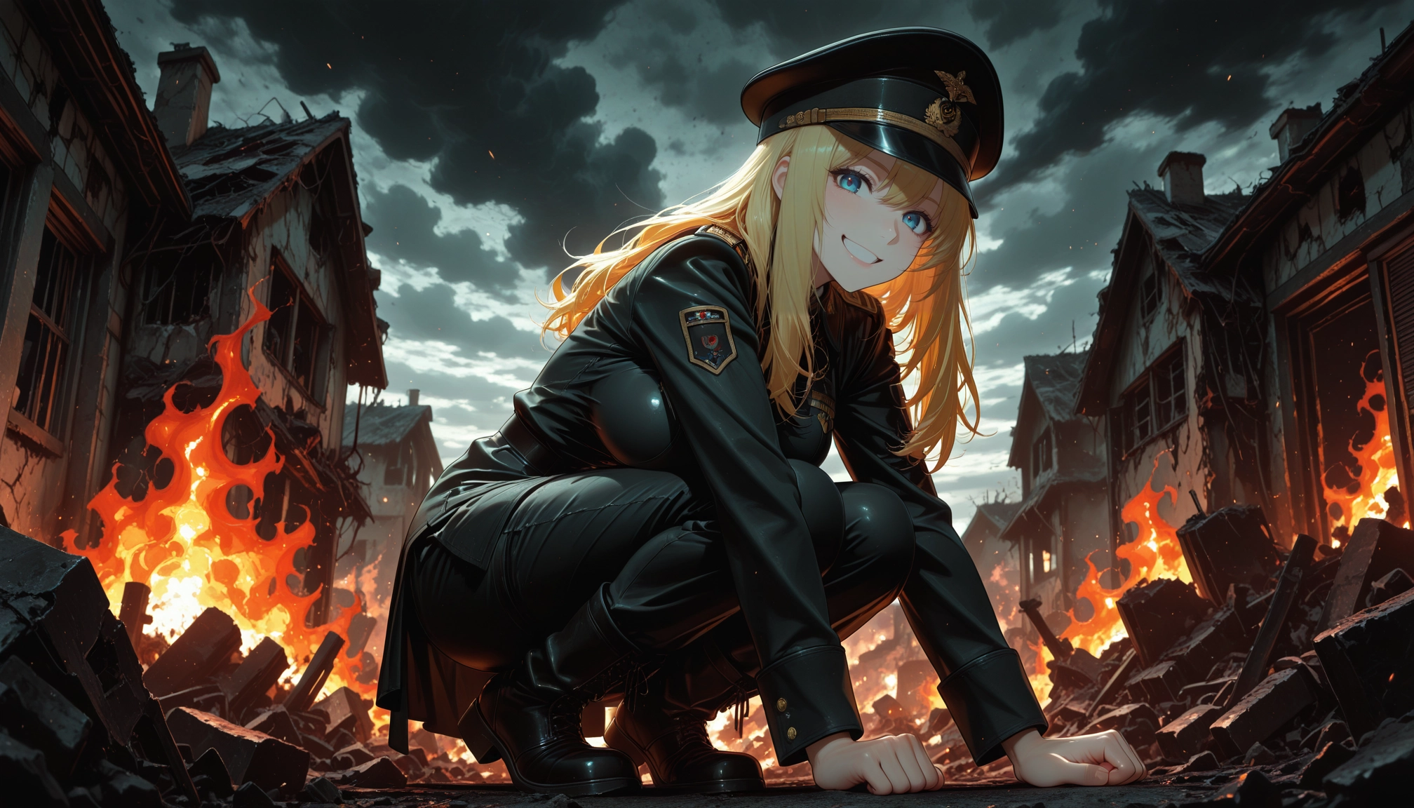 1girl, smile, solo, hat, long hair, fire · Yamete.gg