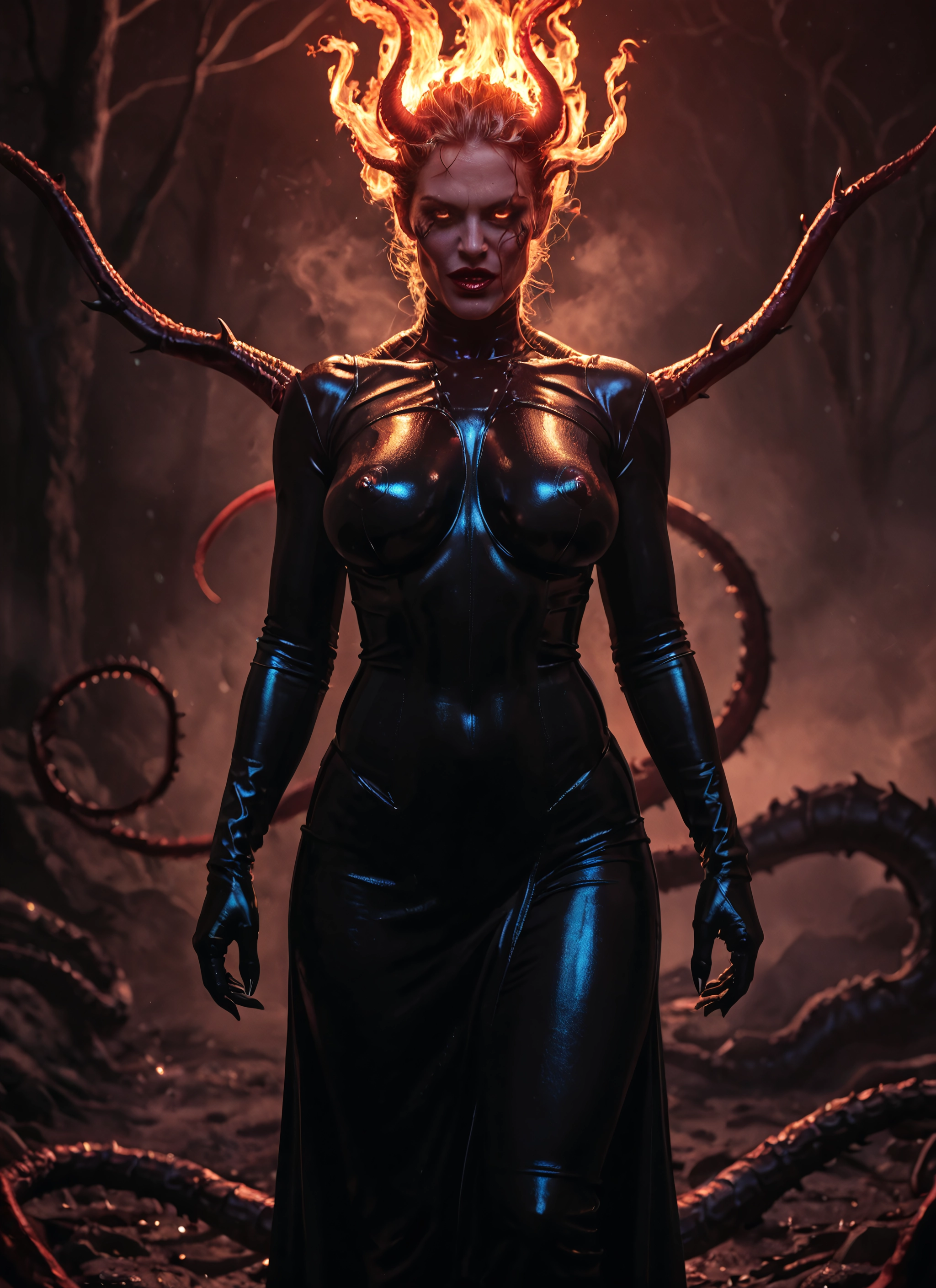 1girl, solo, breasts, horns, covered nipples, latex · Yamete.gg