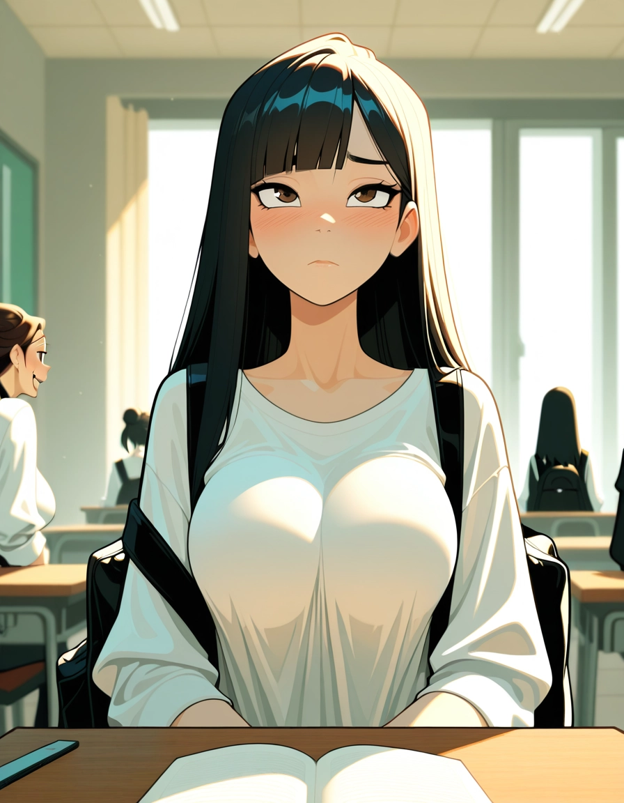 multiple girls, blush, classroom, bangs, indoors, long hair · Yamete.gg