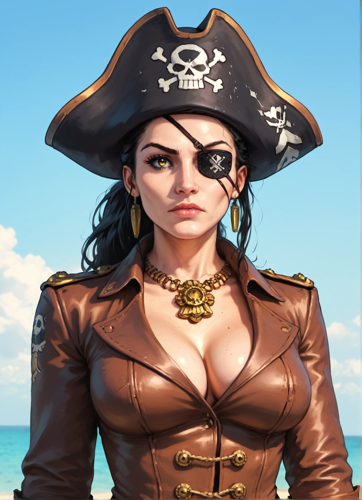 1girl, breasts, solo, eyepatch, hat, jewelry · Yamete.gg