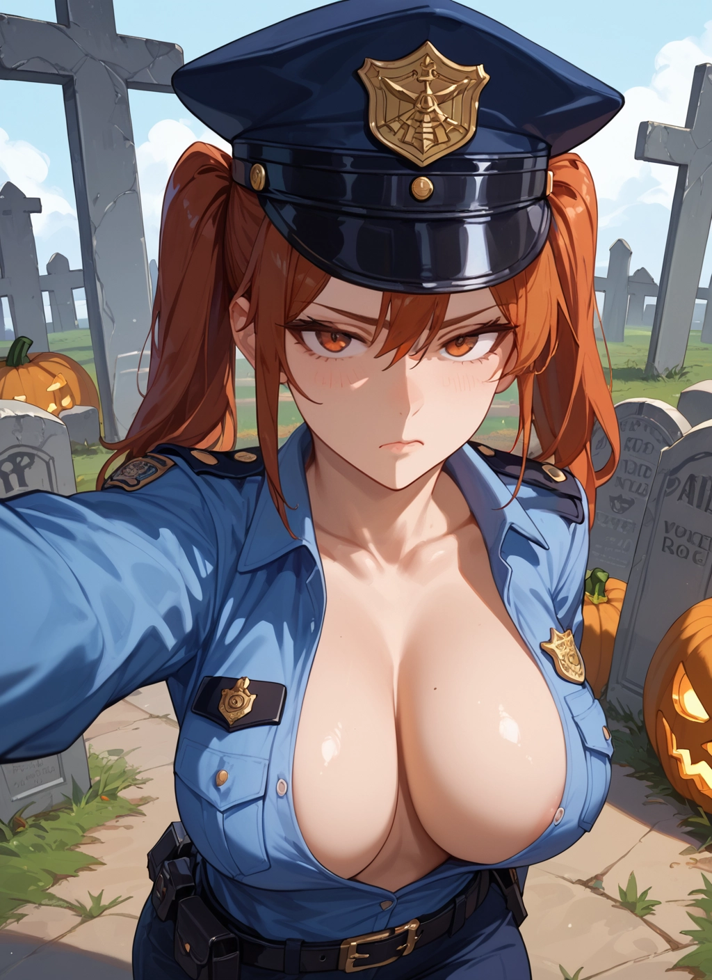 breasts, 1girl, hat, twintails, large breasts, mole on breast · Yamete.gg