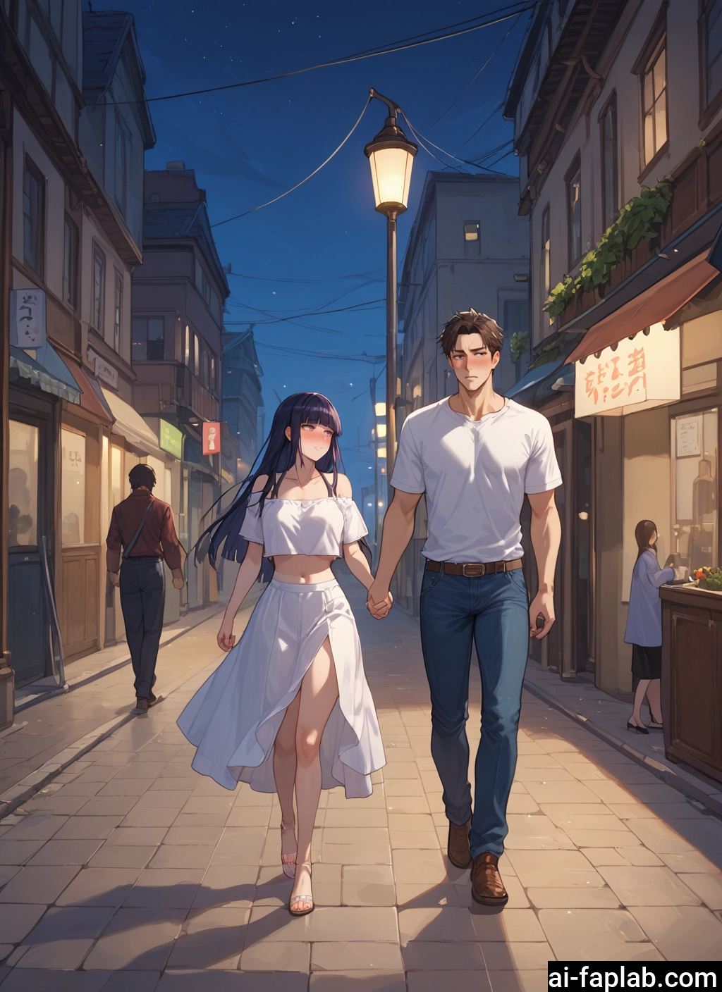long hair, skirt, holding hands, blush, shirt, outdoors · Yamete.gg