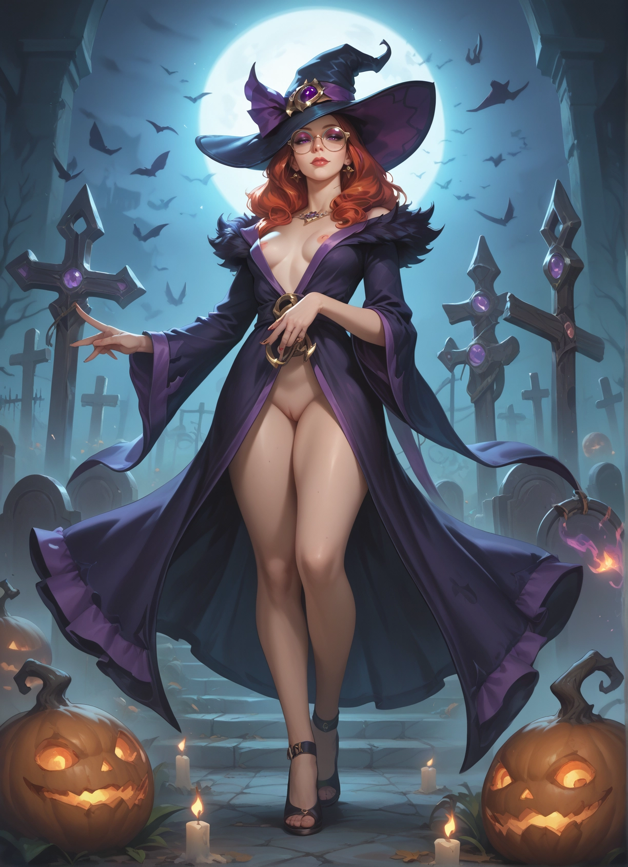 1girl, hat, breasts, solo, witch hat, moon · Yamete.gg