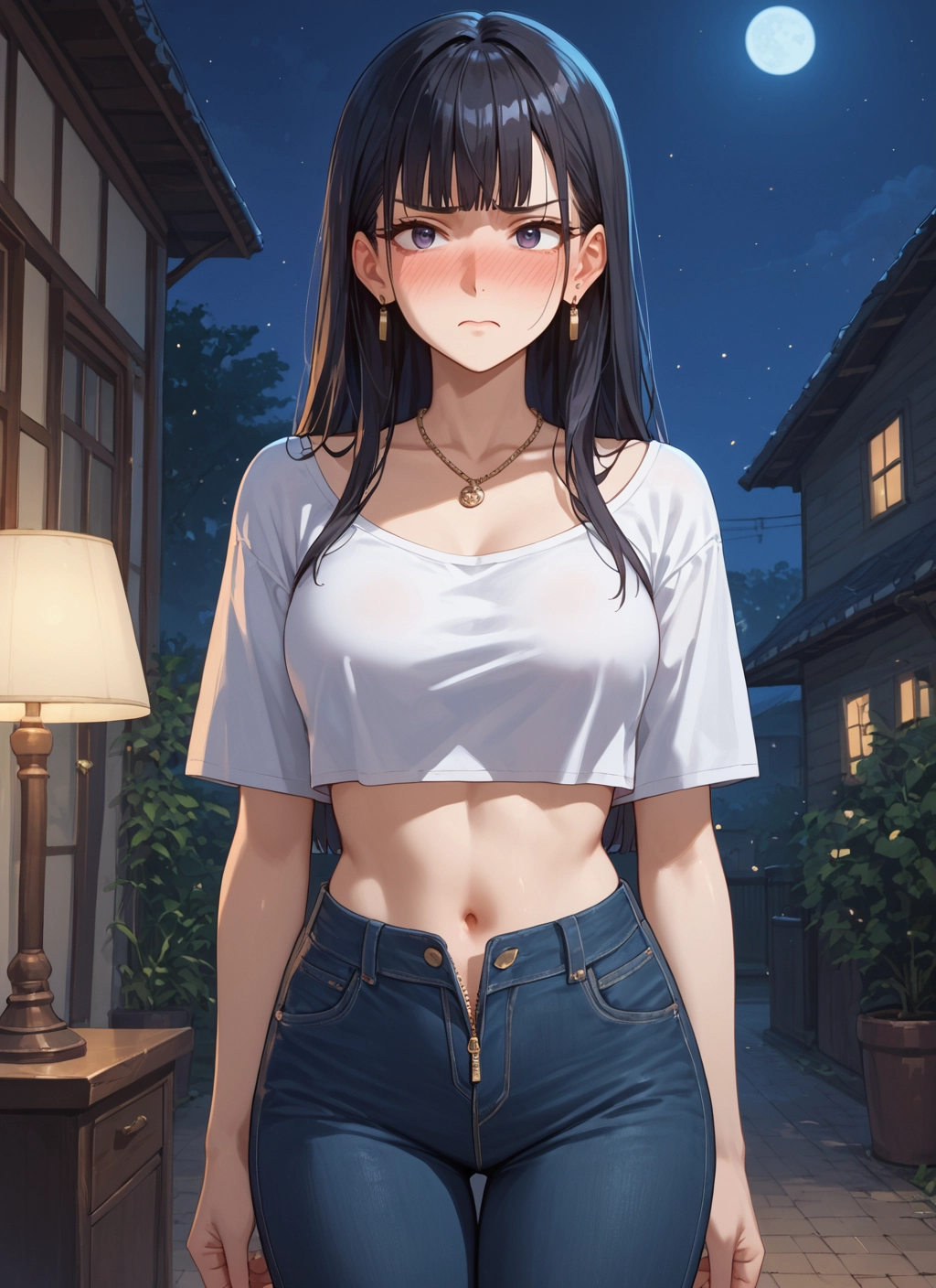 1girl, navel, breasts, blush, jewelry, moon · Yamete.gg
