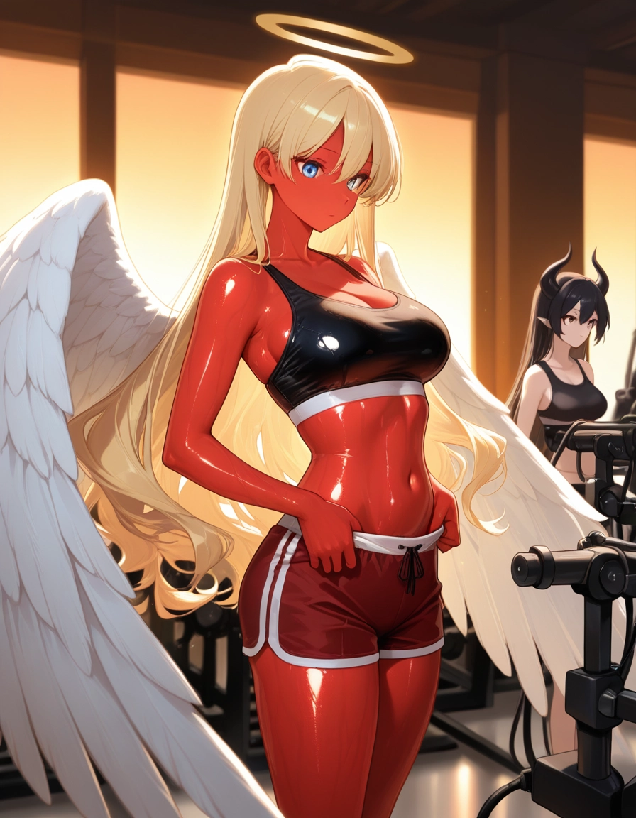 breasts, multiple girls, 2girls, wings, horns, halo · Yamete.gg