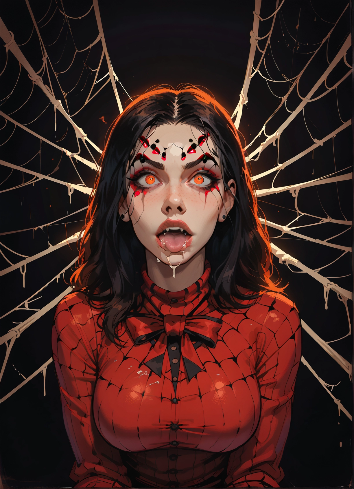 1girl, solo, silk, spider web, breasts, tongue · Yamete.gg