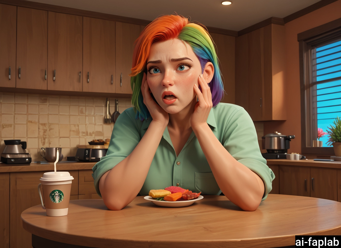 1girl, solo, multicolored hair, shirt, indoors, food · Yamete.gg