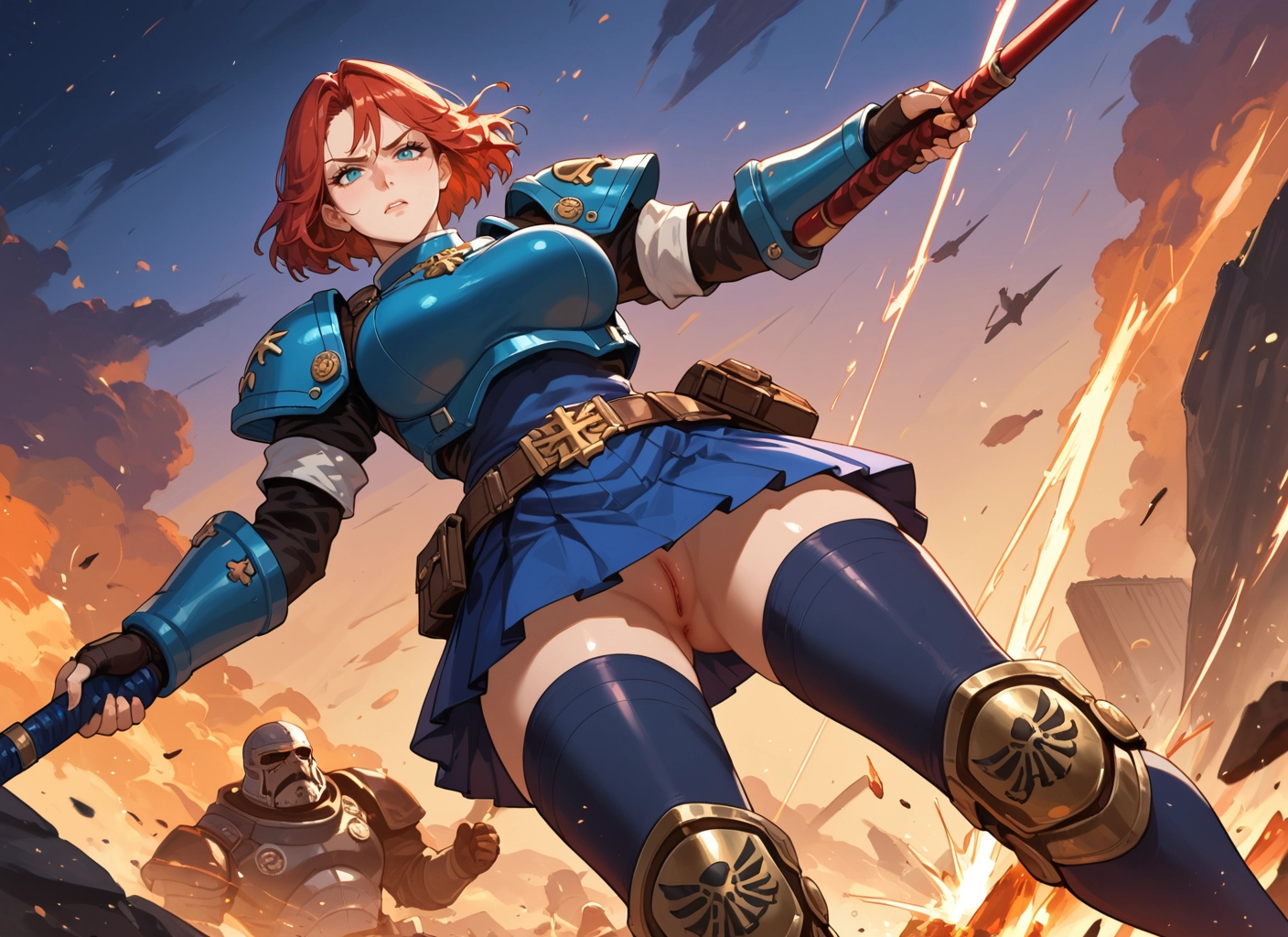 1girl, pussy, thighhighs, blue eyes, weapon, armor · Yamete.gg