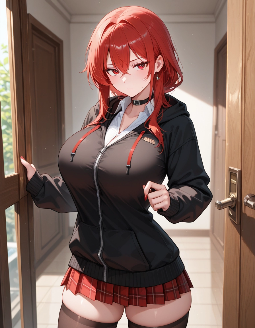 1girl, breasts, thighhighs, skirt, red eyes, red hair
