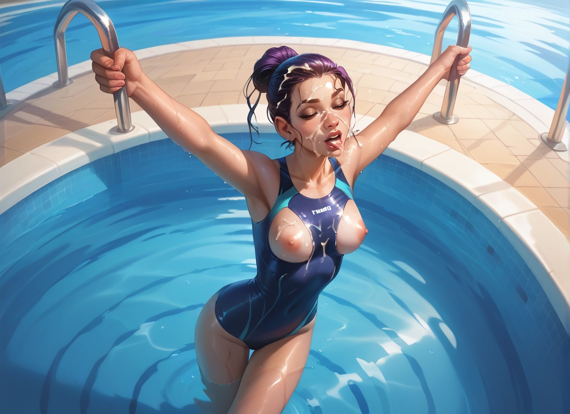 1girl, breasts, swimsuit, nipples, solo, one-piece swimsuit · Yamete.gg
