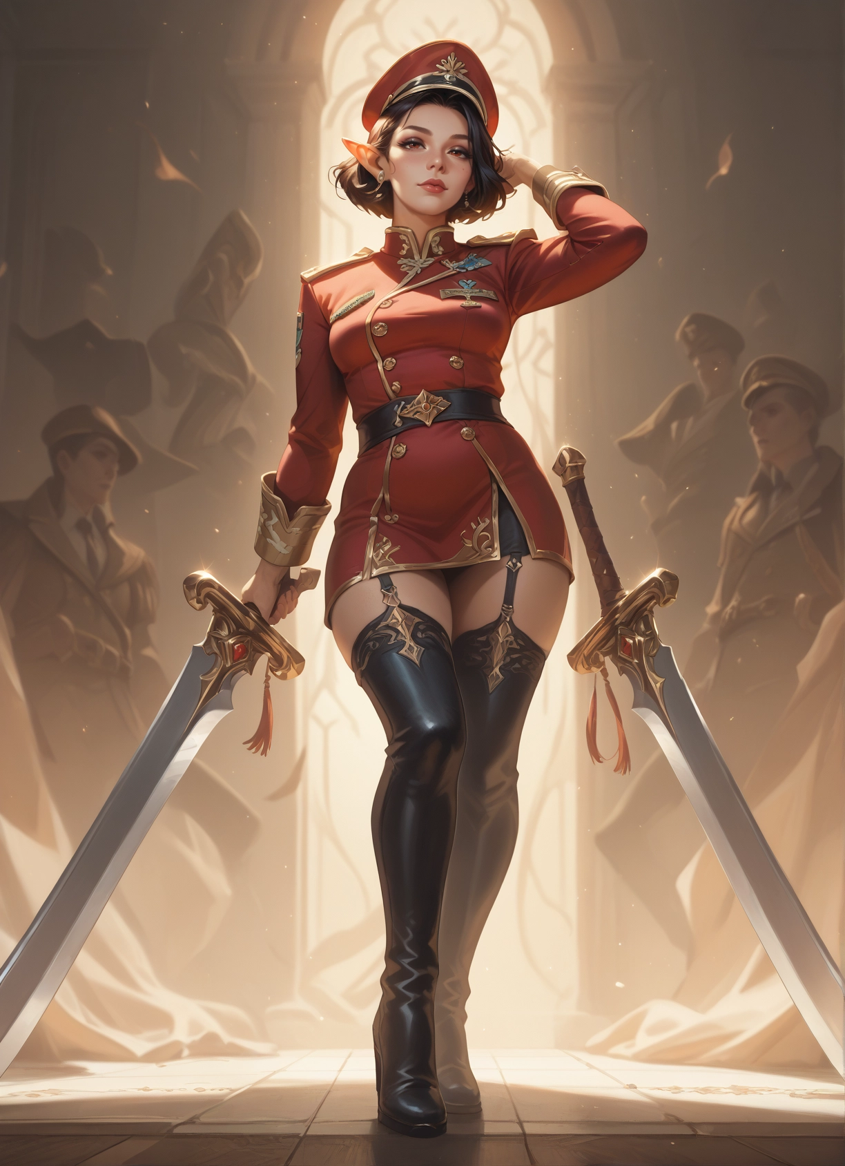 weapon, 1girl, sword, thighhighs, pointy ears, hat · Yamete.gg