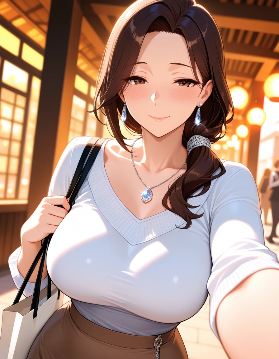 breasts, jewelry, skirt, large breasts, earrings, smile · Yamete.gg