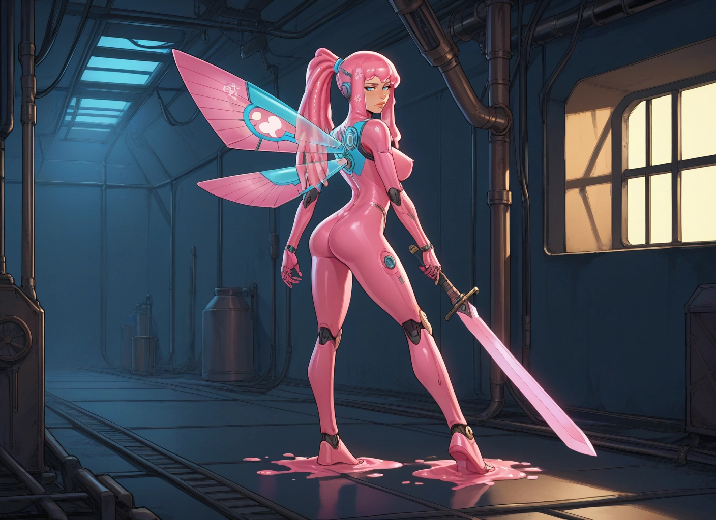 1girl, sword, wings, weapon, pink hair, ass · Yamete.gg