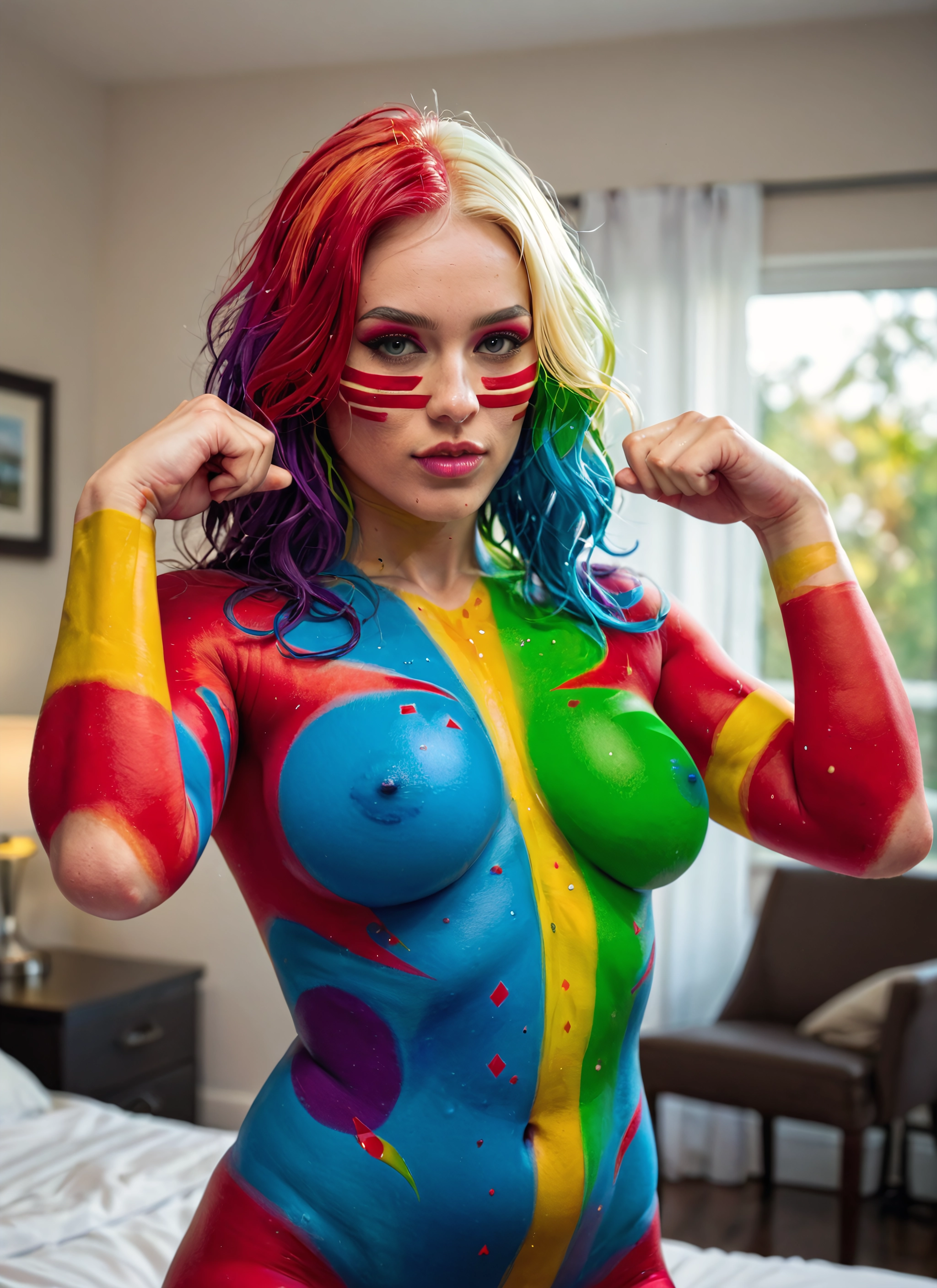 1girl, solo, breasts, bodysuit, multicolored hair, looking at viewer · Yamete.gg