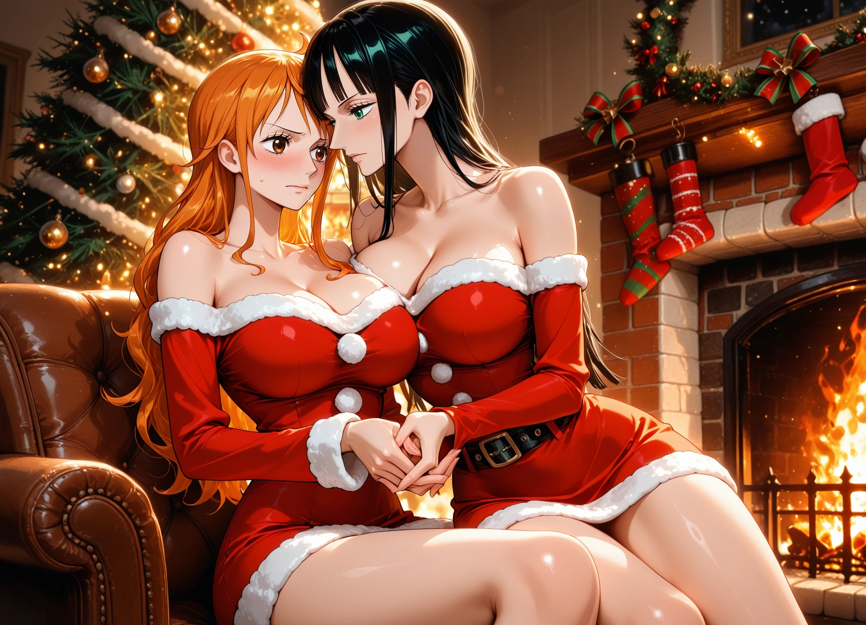 breasts, multiple girls, 2girls, large breasts, long hair, fireplace · Yamete.gg