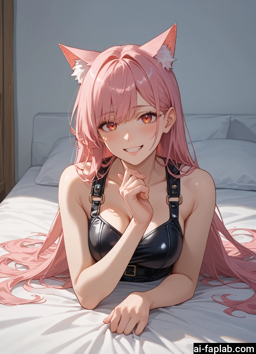 1girl, breasts, animal ears, long hair, pink hair, smile