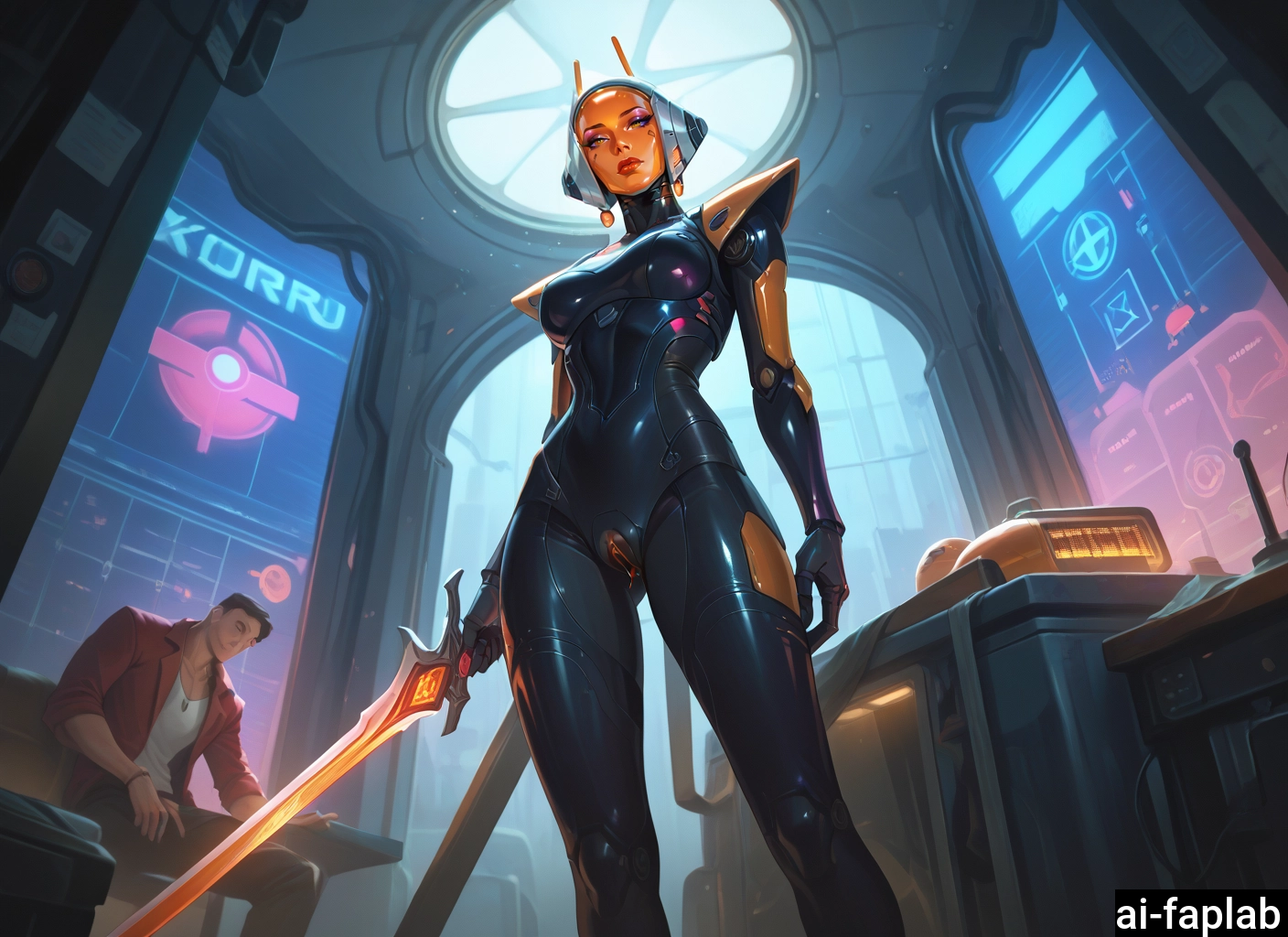 1girl, sword, 1boy, weapon, science fiction, breasts
