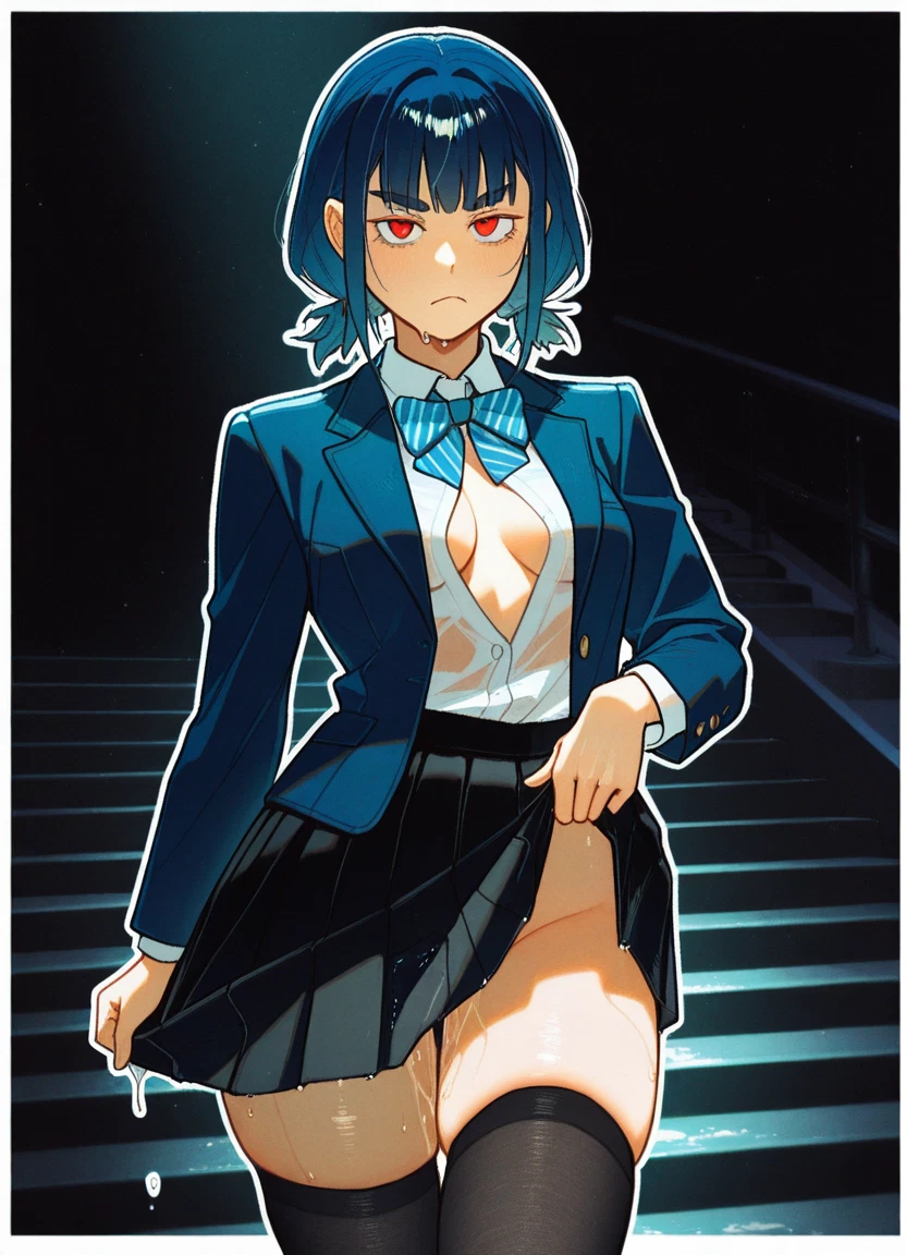 1girl, skirt, solo, thighhighs, breasts, red eyes