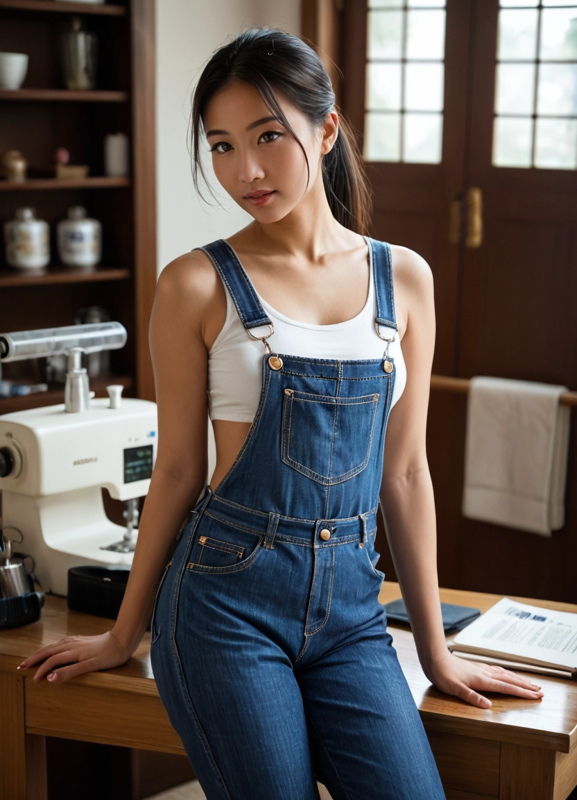 1girl, solo, overalls, looking at viewer, sink, denim · Yamete.gg