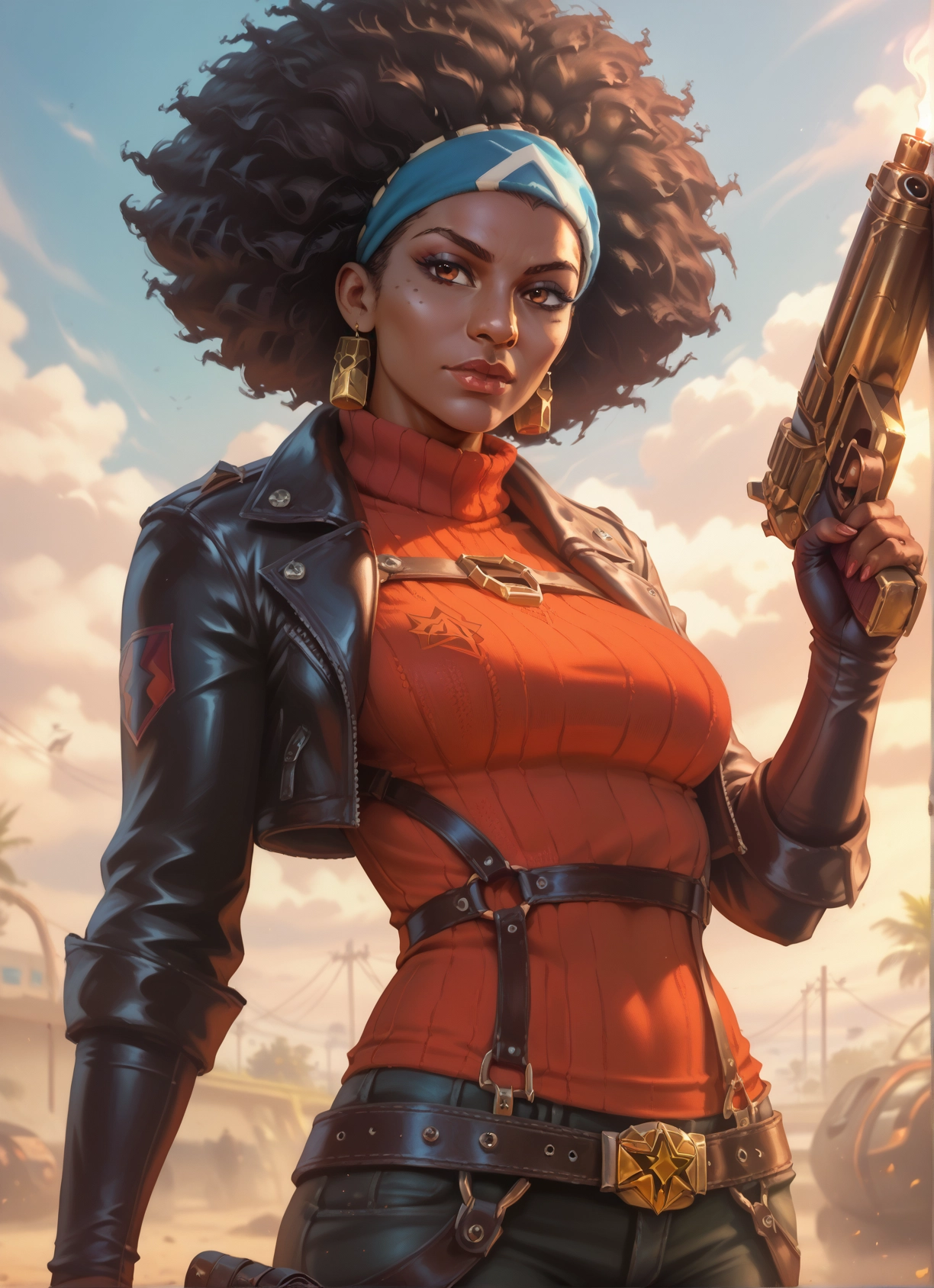 1girl, weapon, gun, solo, jacket, dark skin · Yamete.gg