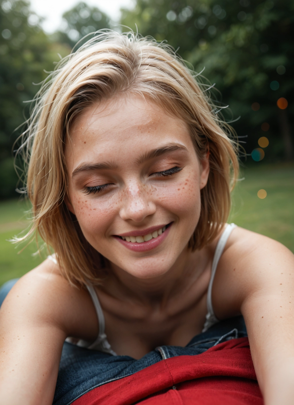 1girl, freckles, closed eyes, solo, smile, realistic · Yamete.gg