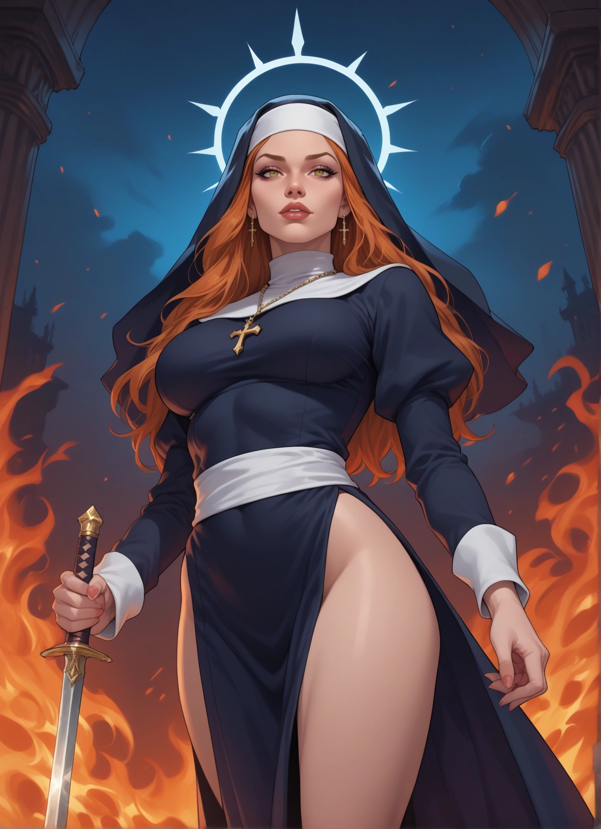 1girl, weapon, sword, nun, jewelry, breasts · Yamete.gg